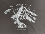 Black t-shirt with a white mountain graphic and text on a dark background